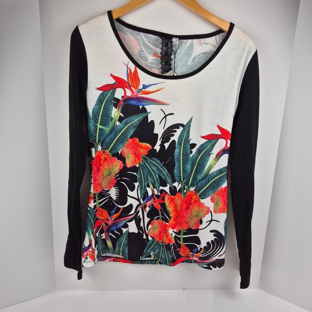 Vacation Tropical Floral Birds of‎ Paradise Long Sleeve Graphic Ringer Tee M NWT